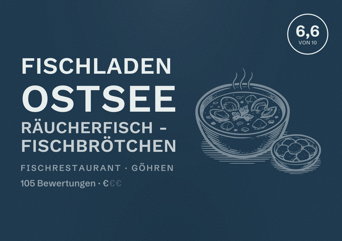 Illustriertes Poster von Fischladen Ostsee Räucherfisch - Fischbrötchen, Fischrestaurant in Göhren: Bewertung 6,6 von 10 aus 105 Bewertungen, Preisniveau €