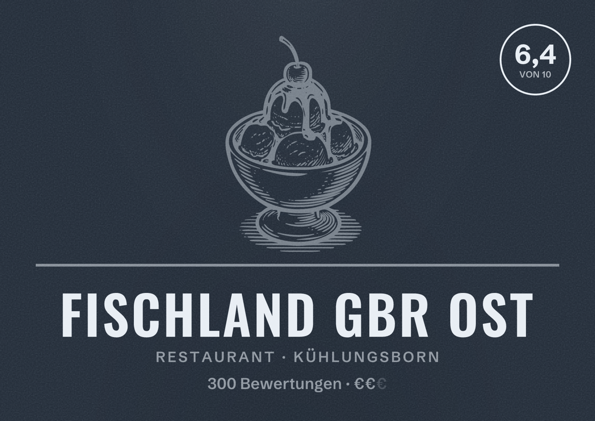 Illustriertes Poster von Fischland GbR Ost, Restaurant in Kühlungsborn: Bewertung 6,4 von 10 aus 300 Bewertungen, Preisniveau €€