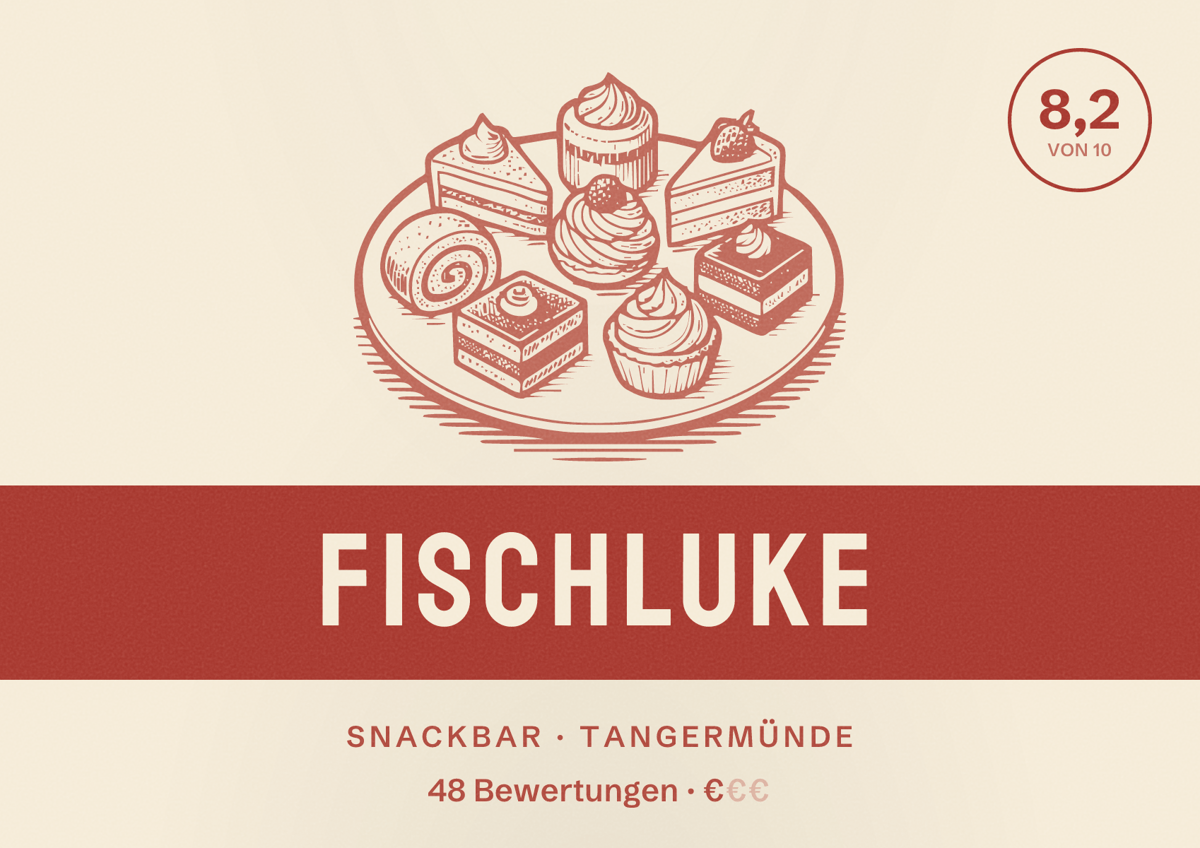 Illustriertes Poster von Fischluke, Snackbar in Tangermünde: Bewertung 8,2 von 10 aus 48 Bewertungen, Preisniveau €