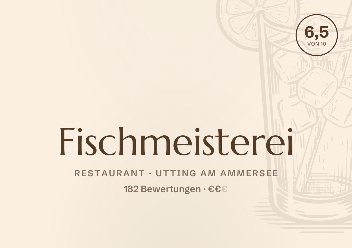 Illustriertes Poster von Fischmeisterei, Restaurant in Utting am Ammersee: Bewertung 6,5 von 10 aus 182 Bewertungen, Preisniveau €€
