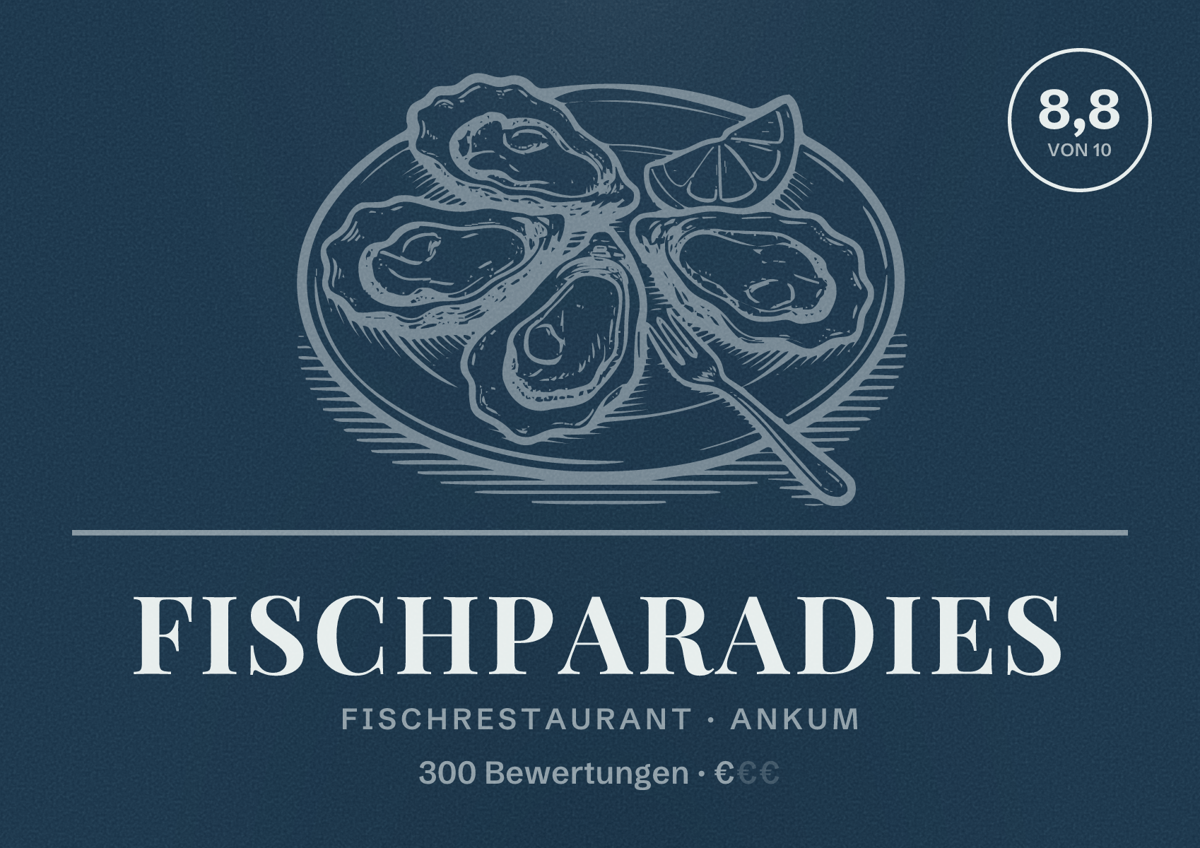 Illustriertes Poster von Fischparadies, Fischrestaurant in Ankum: Bewertung 8,8 von 10 aus 300 Bewertungen, Preisniveau €