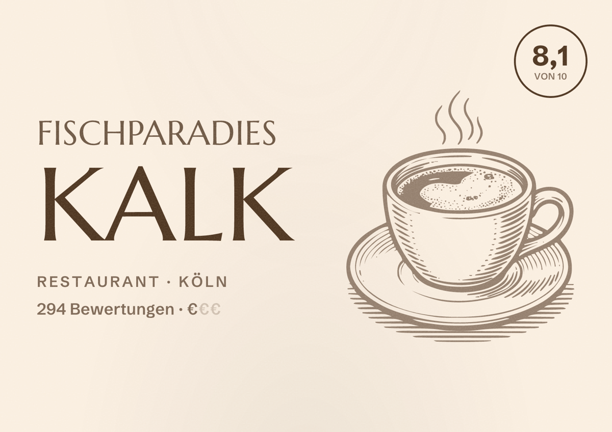 Illustriertes Poster von Fischparadies Kalk, Restaurant in Köln: Bewertung 8,1 von 10 aus 294 Bewertungen, Preisniveau €