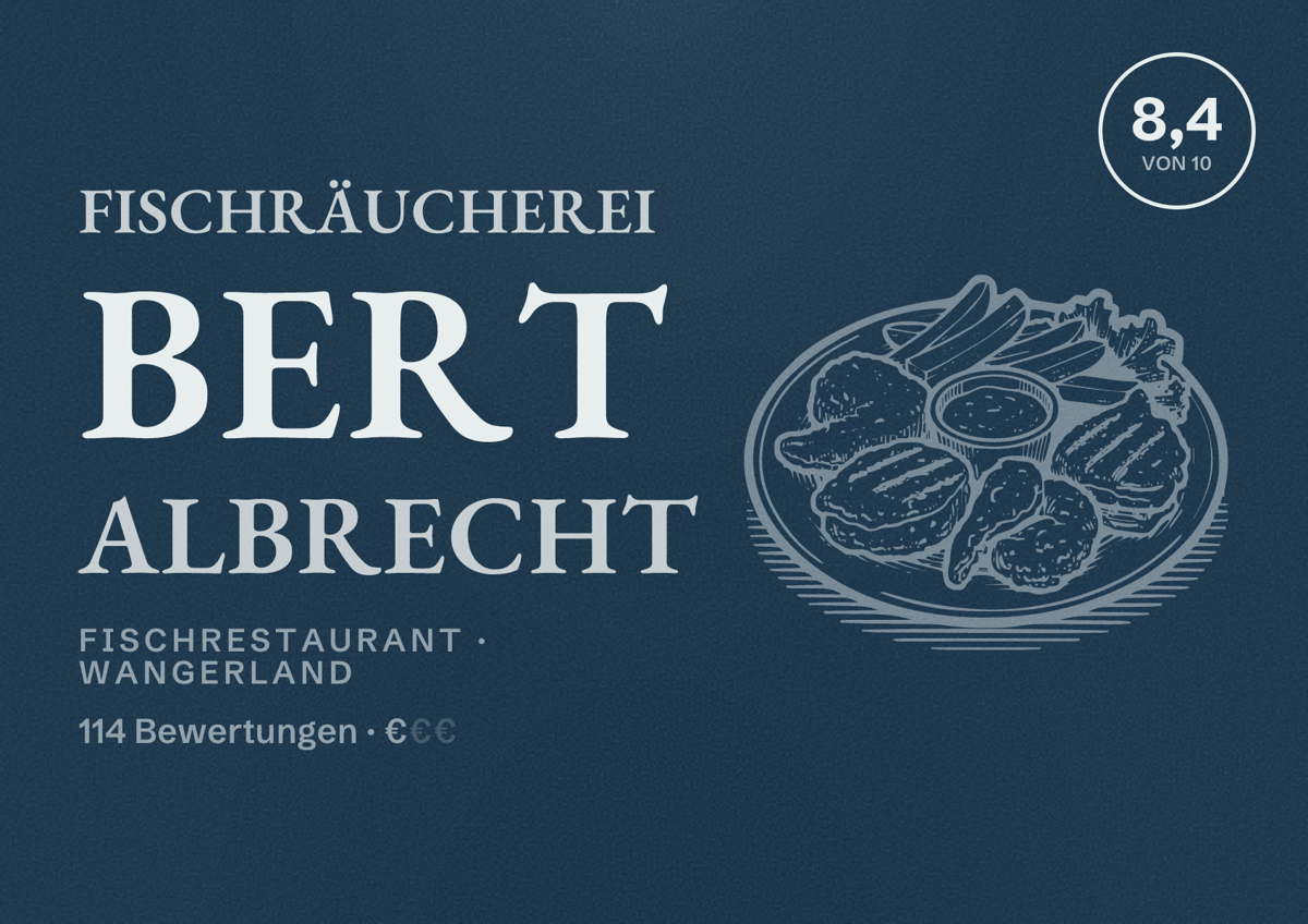 Illustriertes Poster von Fischräucherei Bert Albrecht, Fischrestaurant in Wangerland: Bewertung 8,4 von 10 aus 114 Bewertungen, Preisniveau €