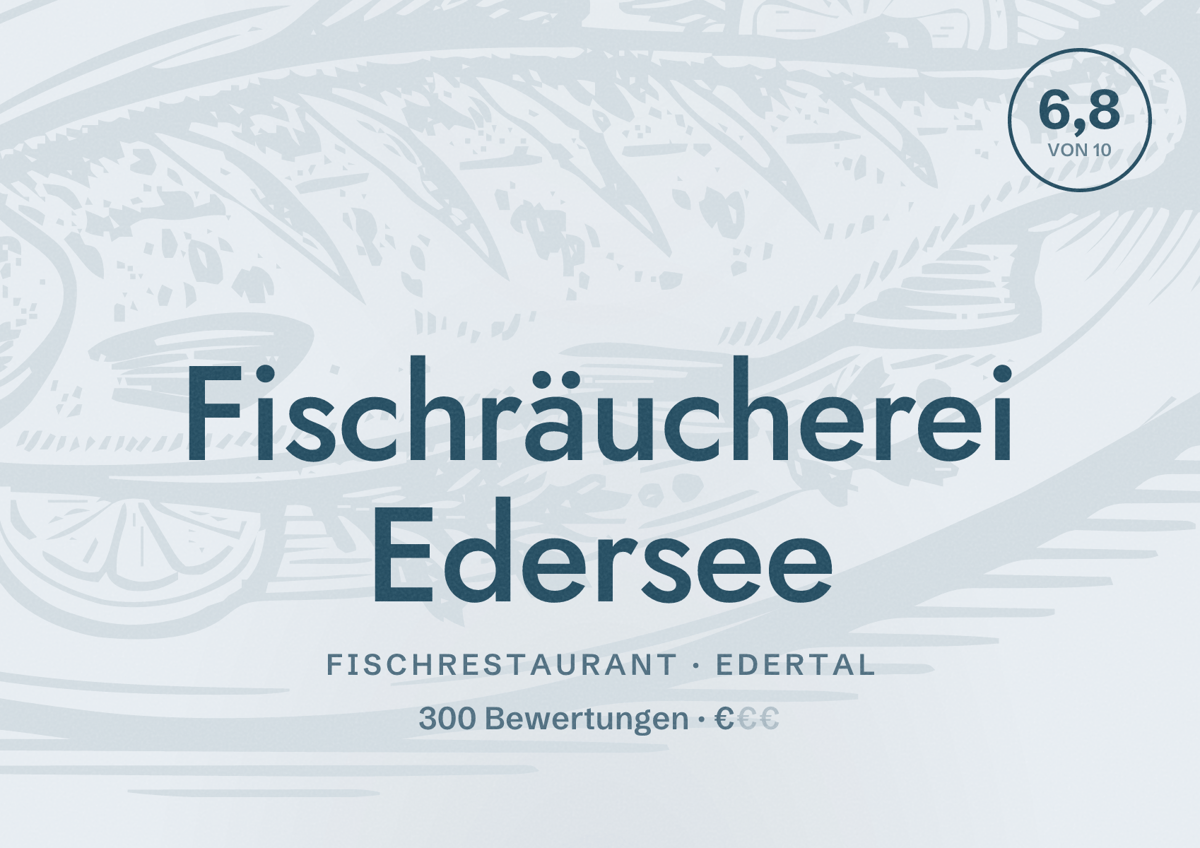 Illustriertes Poster von Fischräucherei Edersee, Fischrestaurant in Edertal: Bewertung 6,8 von 10 aus 300 Bewertungen, Preisniveau €