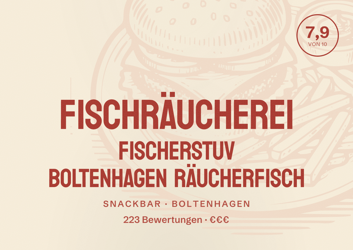 Illustriertes Poster von Fischräucherei Fischerstuv Boltenhagen Räucherfisch, Snackbar in Boltenhagen: Bewertung 7,9 von 10 aus 223 Bewertungen, Preisniveau €€€