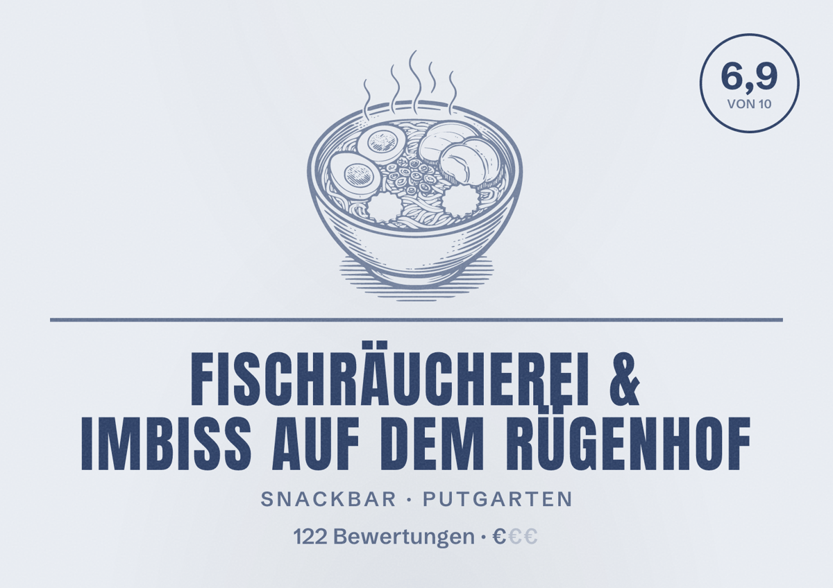 Illustriertes Poster von Fischräucherei & Imbiss auf dem Rügenhof, Snackbar in Putgarten: Bewertung 6,9 von 10 aus 122 Bewertungen, Preisniveau €