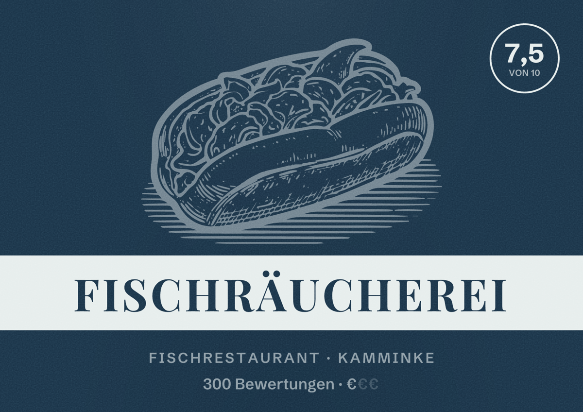 Illustriertes Poster von Fischräucherei, Fischrestaurant in Kamminke: Bewertung 7,5 von 10 aus 300 Bewertungen, Preisniveau €