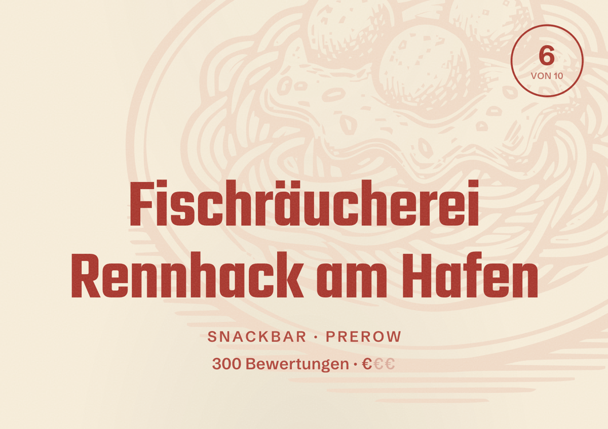Illustriertes Poster von Fischräucherei Rennhack am Hafen, Snackbar in Prerow: Bewertung 6 von 10 aus 300 Bewertungen, Preisniveau €