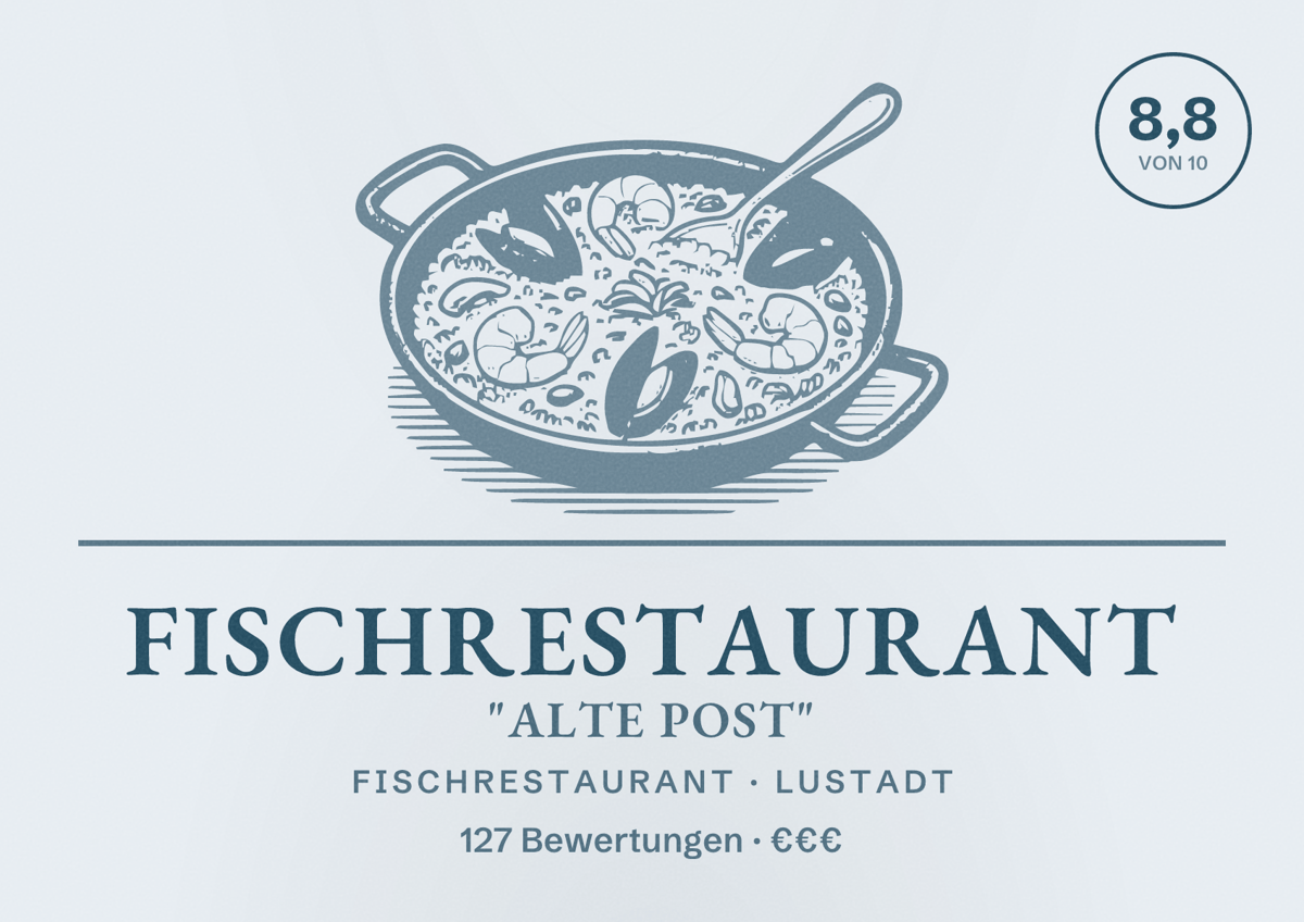 Illustriertes Poster von Fischrestaurant "Alte Post", Fischrestaurant in Lustadt: Bewertung 8,8 von 10 aus 127 Bewertungen, Preisniveau €€€