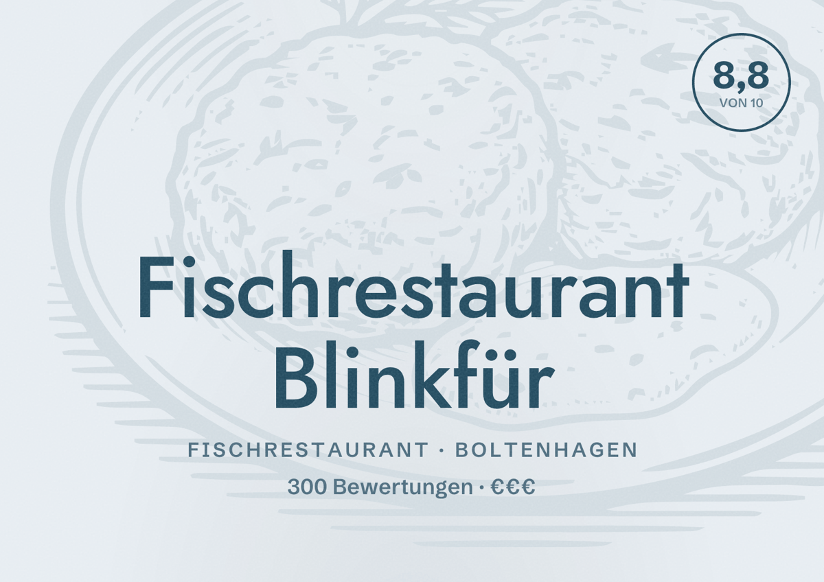 Illustriertes Poster von Fischrestaurant Blinkfür, Fischrestaurant in Boltenhagen: Bewertung 8,8 von 10 aus 300 Bewertungen, Preisniveau €€€