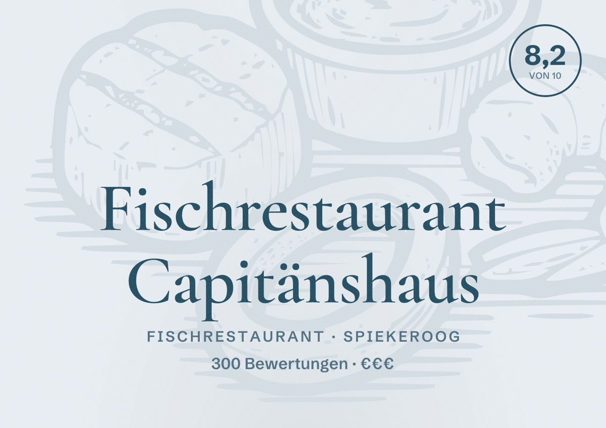 Illustriertes Poster von Fischrestaurant Capitänshaus, Fischrestaurant in Spiekeroog: Bewertung 8,2 von 10 aus 300 Bewertungen, Preisniveau €€€