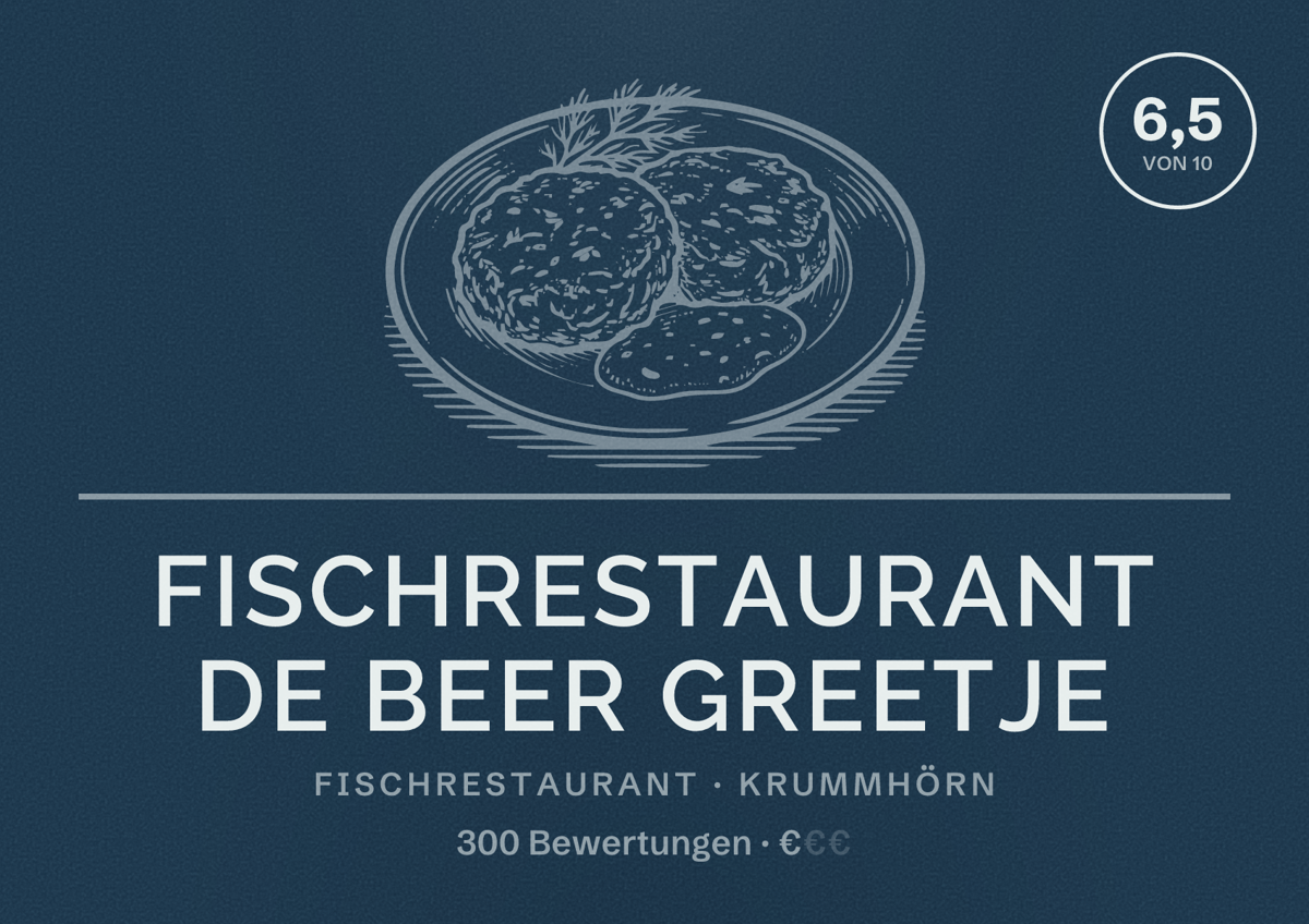 Illustriertes Poster von Fischrestaurant de Beer Greetje, Fischrestaurant in Krummhörn: Bewertung 6,5 von 10 aus 300 Bewertungen, Preisniveau €