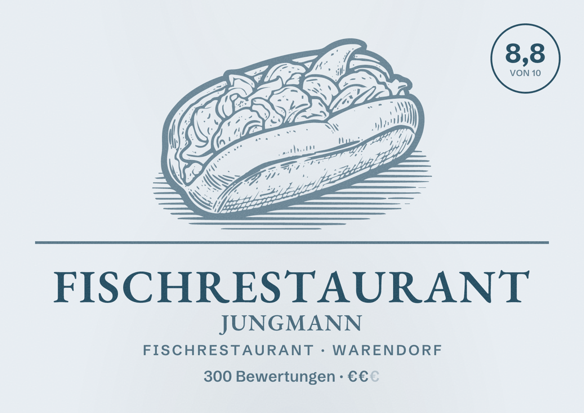 Illustriertes Poster von Fischrestaurant Jungmann, Fischrestaurant in Warendorf: Bewertung 8,8 von 10 aus 300 Bewertungen, Preisniveau €€