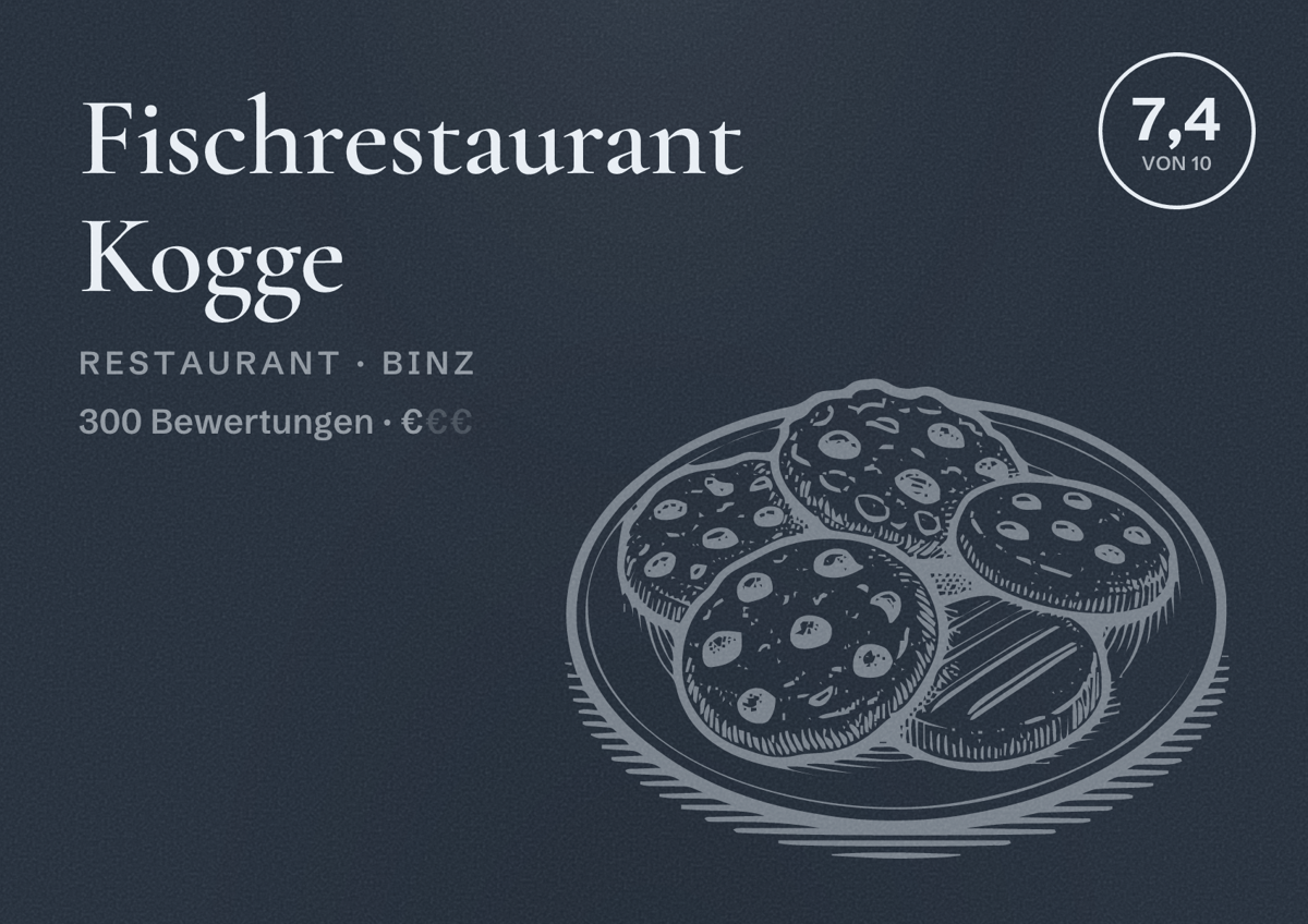 Illustriertes Poster von Fischrestaurant Kogge, Restaurant in Binz: Bewertung 7,4 von 10 aus 300 Bewertungen, Preisniveau €