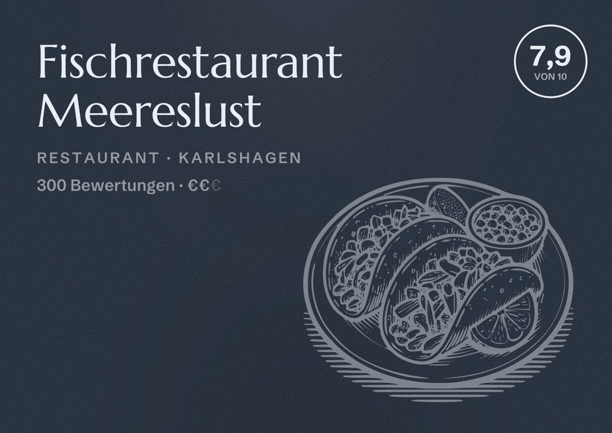 Illustriertes Poster von Fischrestaurant Meereslust, Restaurant in Karlshagen: Bewertung 7,9 von 10 aus 300 Bewertungen, Preisniveau €€