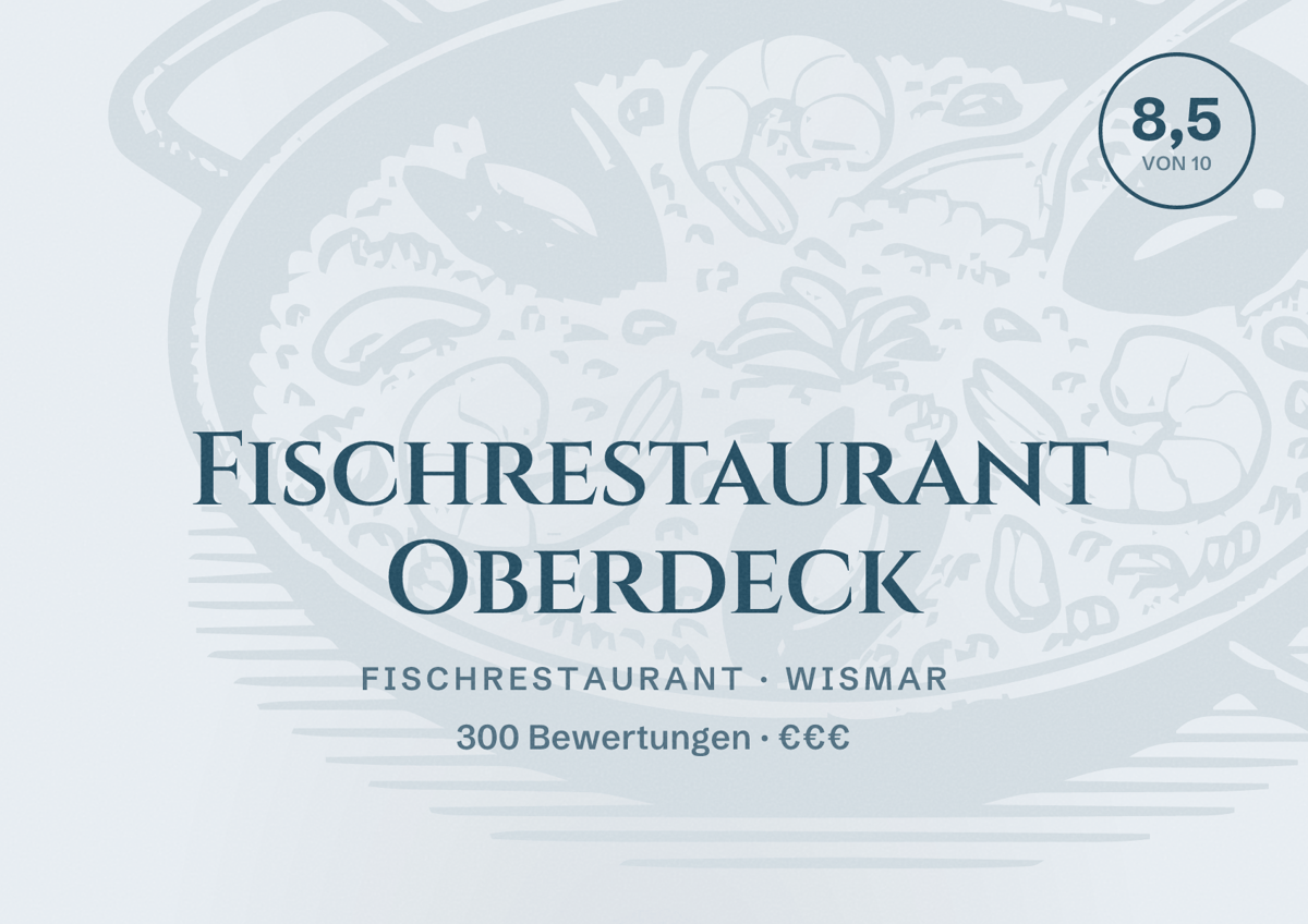Illustriertes Poster von Fischrestaurant Oberdeck, Fischrestaurant in Wismar: Bewertung 8,5 von 10 aus 300 Bewertungen, Preisniveau €€€