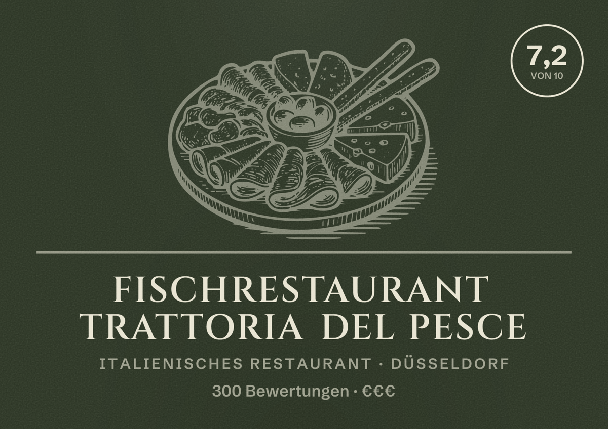 Illustriertes Poster von Fischrestaurant Trattoria del Pesce, Italienisches Restaurant in Düsseldorf: Bewertung 7,2 von 10 aus 300 Bewertungen, Preisniveau €€€
