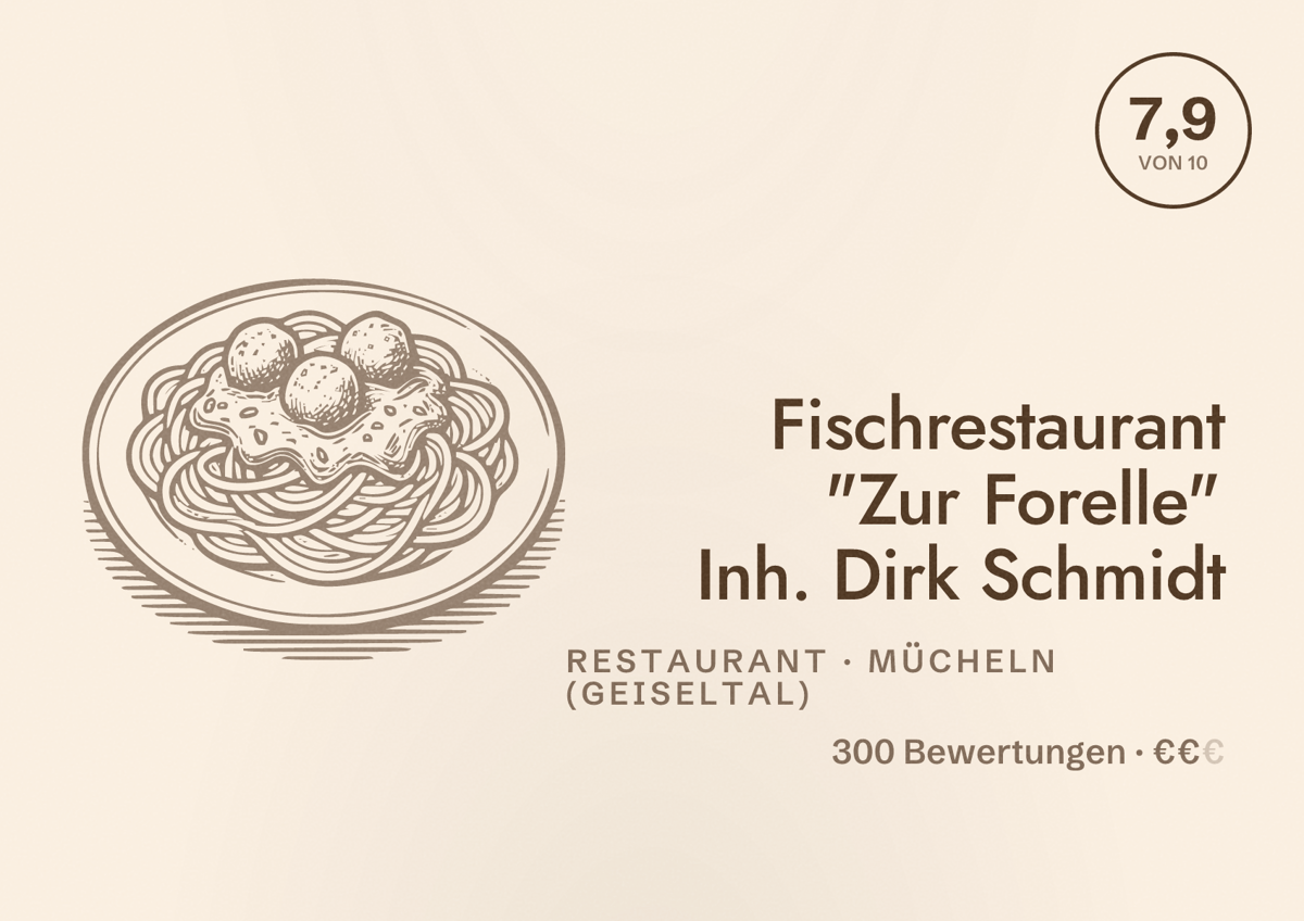 Illustriertes Poster von Fischrestaurant "Zur Forelle" Inh. Dirk Schmidt, Restaurant in Mücheln (Geiseltal): Bewertung 7,9 von 10 aus 300 Bewertungen, Preisniveau €€