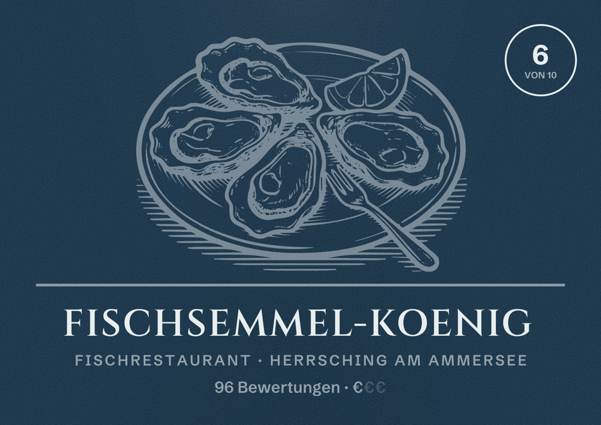 Illustriertes Poster von Fischsemmel-Koenig, Fischrestaurant in Herrsching am Ammersee: Bewertung 6 von 10 aus 96 Bewertungen, Preisniveau €