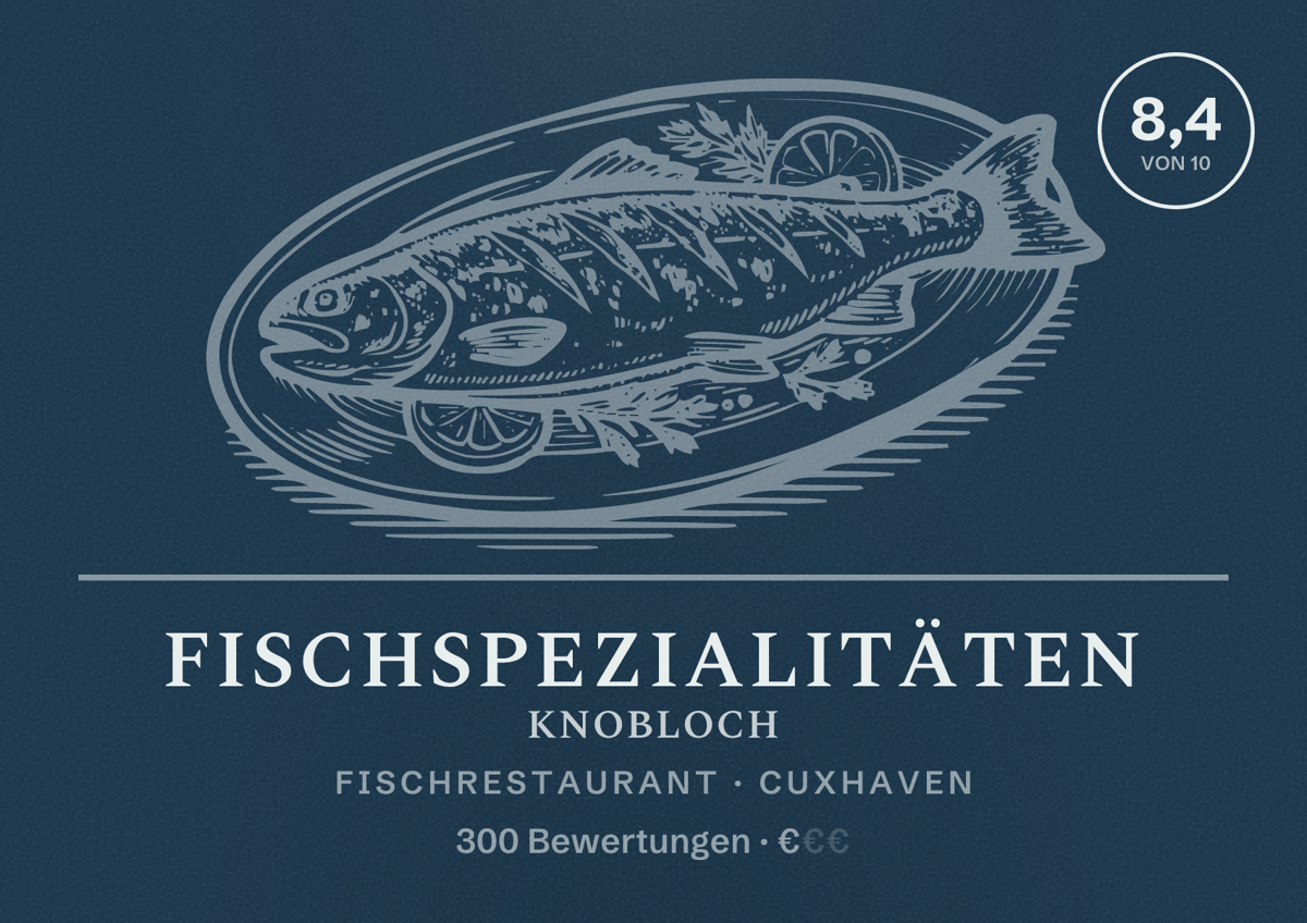 Illustriertes Poster von Fischspezialitäten Knobloch, Fischrestaurant in Cuxhaven: Bewertung 8,4 von 10 aus 300 Bewertungen, Preisniveau €