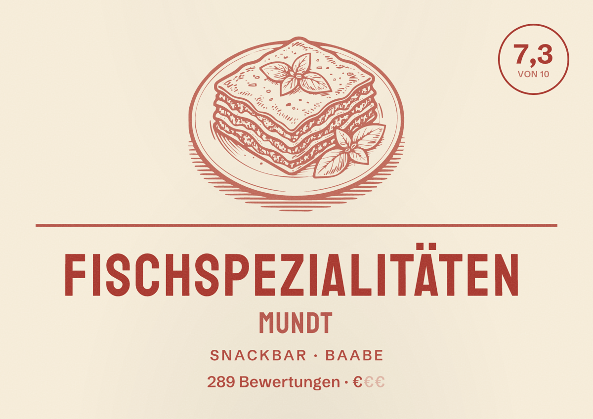 Illustriertes Poster von Fischspezialitäten Mundt, Snackbar in Baabe: Bewertung 7,3 von 10 aus 289 Bewertungen, Preisniveau €