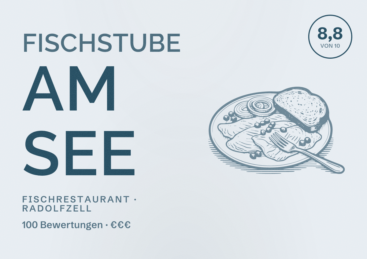 Illustriertes Poster von Fischstube am See, Fischrestaurant in Radolfzell: Bewertung 8,8 von 10 aus 100 Bewertungen, Preisniveau €€€