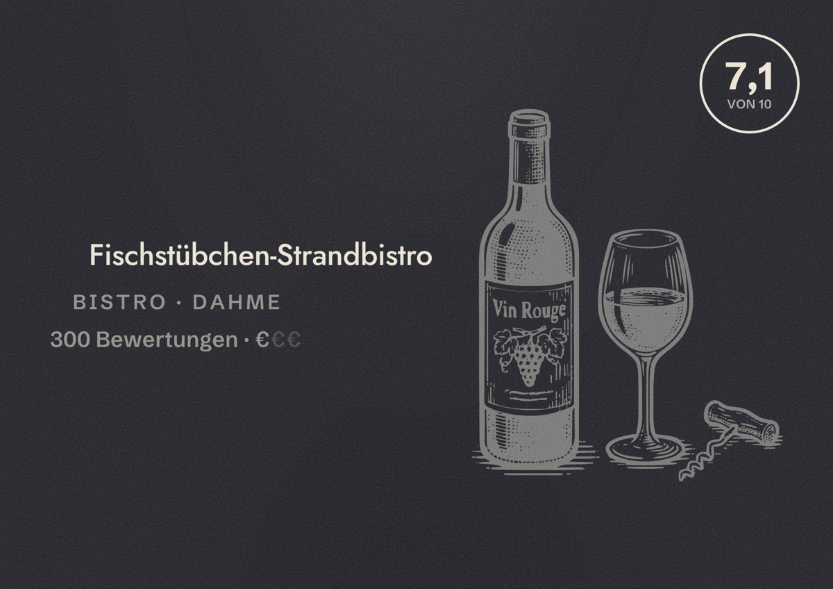 Illustriertes Poster von Fischstübchen-Strandbistro, Bistro in Dahme: Bewertung 7,1 von 10 aus 300 Bewertungen, Preisniveau €