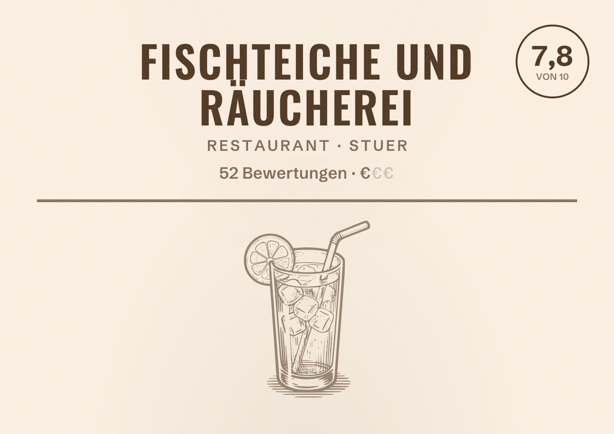 Illustriertes Poster von Fischteiche und Räucherei, Restaurant in Stuer: Bewertung 7,8 von 10 aus 52 Bewertungen, Preisniveau €