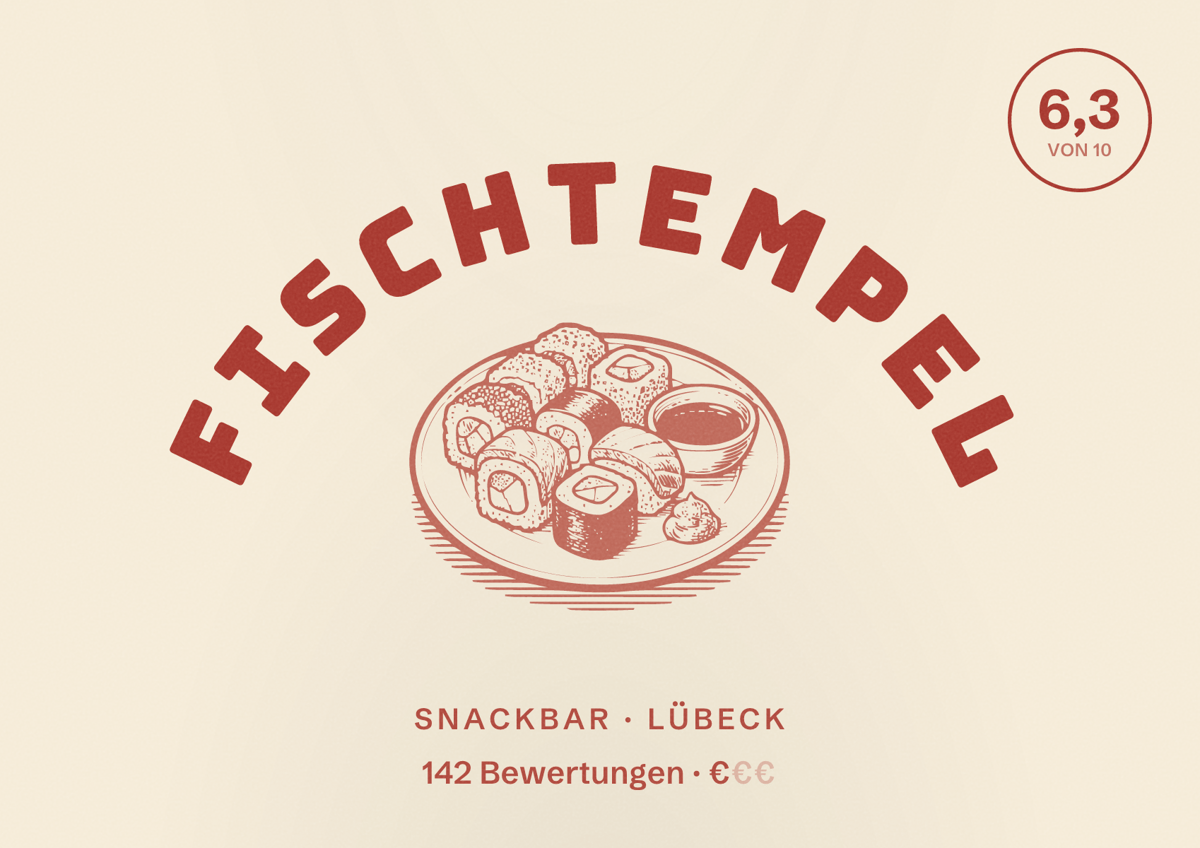 Illustriertes Poster von Fischtempel, Snackbar in Lübeck: Bewertung 6,3 von 10 aus 142 Bewertungen, Preisniveau €