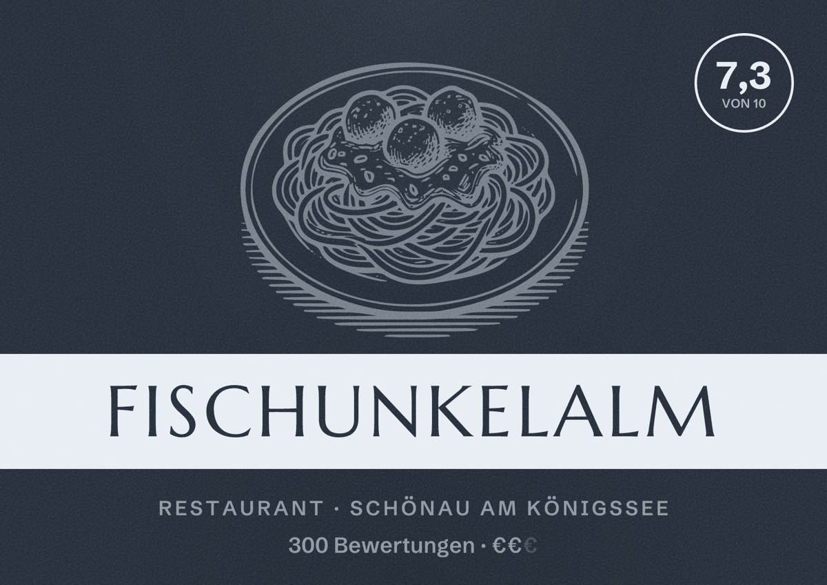 Illustriertes Poster von Fischunkelalm, Restaurant in Schönau am Königssee: Bewertung 7,3 von 10 aus 300 Bewertungen, Preisniveau €€