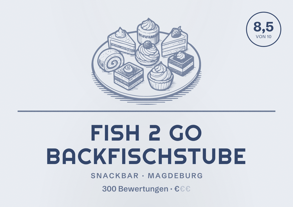 Illustriertes Poster von Fish 2 Go Backfischstube, Snackbar in Magdeburg: Bewertung 8,5 von 10 aus 300 Bewertungen, Preisniveau €