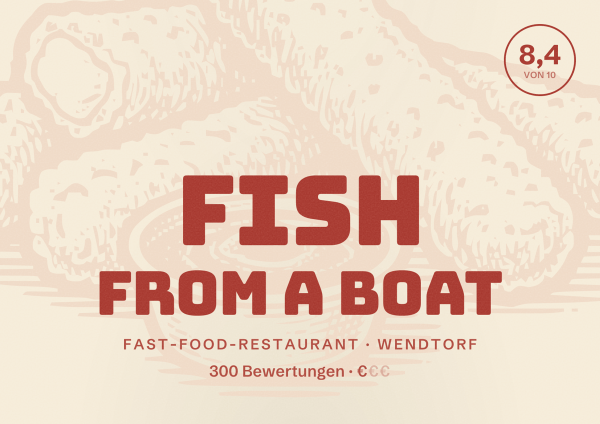 Illustriertes Poster von Fish from a boat, Fast-Food-Restaurant in Wendtorf: Bewertung 8,4 von 10 aus 300 Bewertungen, Preisniveau €