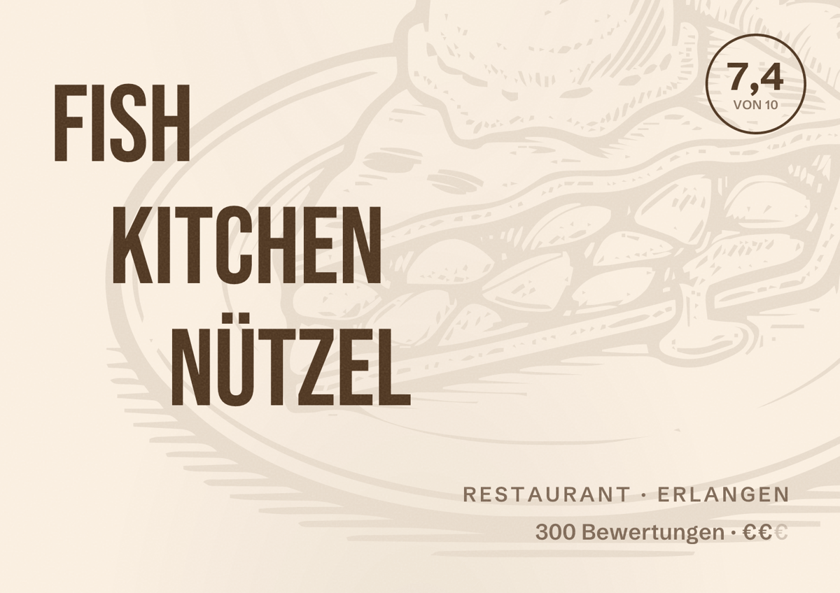 Illustriertes Poster von Fish Kitchen Nützel, Restaurant in Erlangen: Bewertung 7,4 von 10 aus 300 Bewertungen, Preisniveau €€