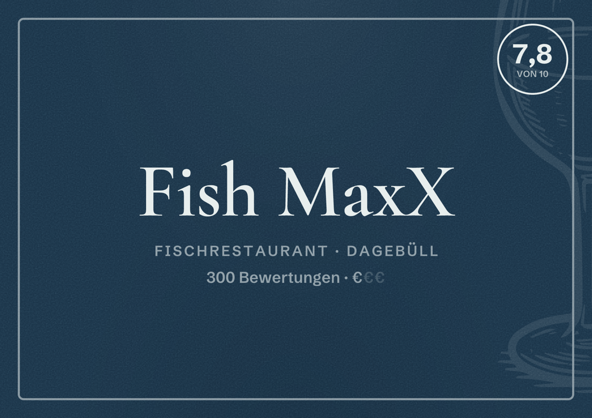 Illustriertes Poster von Fish MaxX, Fischrestaurant in Dagebüll: Bewertung 7,8 von 10 aus 300 Bewertungen, Preisniveau €