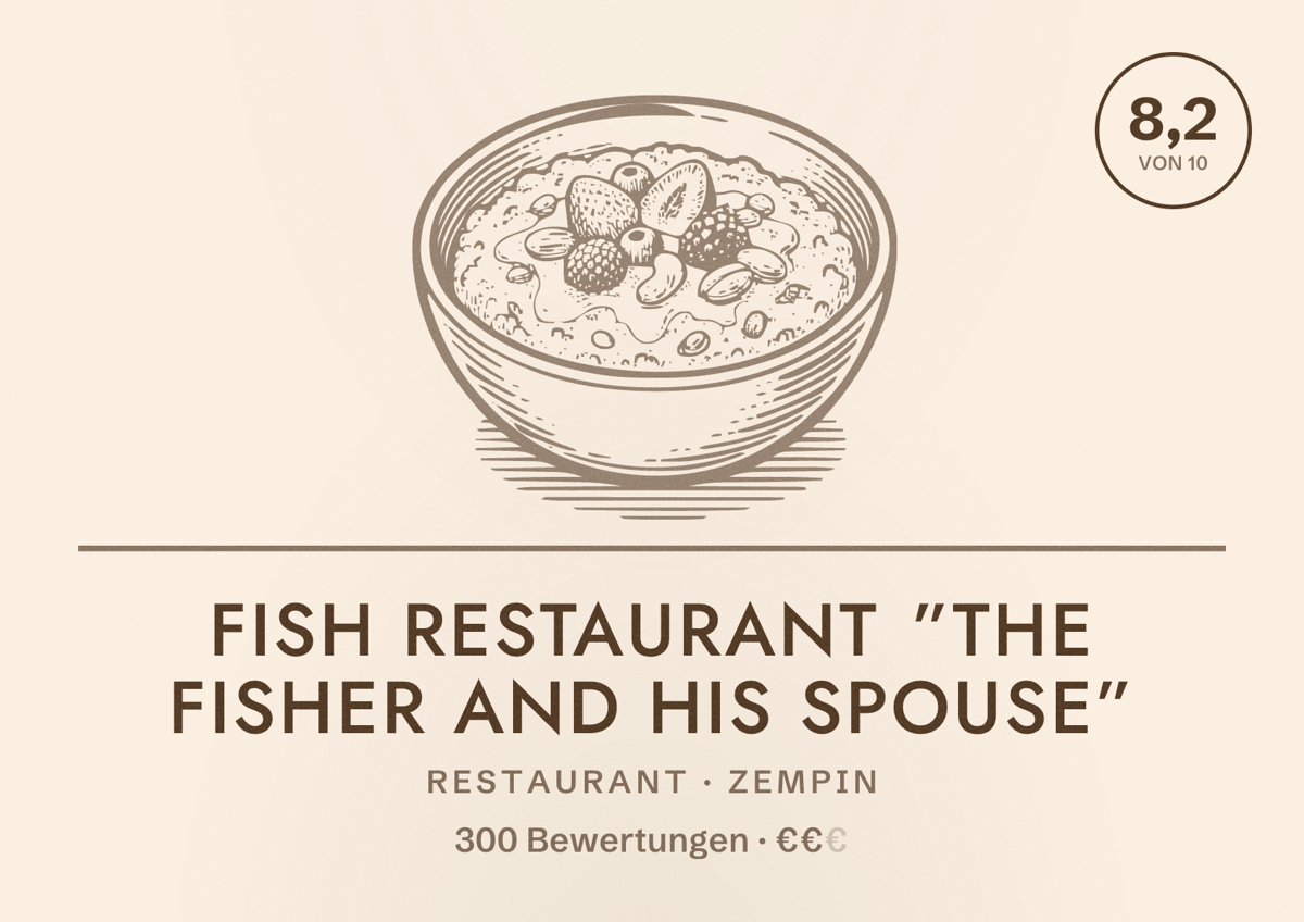 Illustriertes Poster von Fish restaurant ”The fisher and his spouse”, Restaurant in Zempin: Bewertung 8,2 von 10 aus 300 Bewertungen, Preisniveau €€