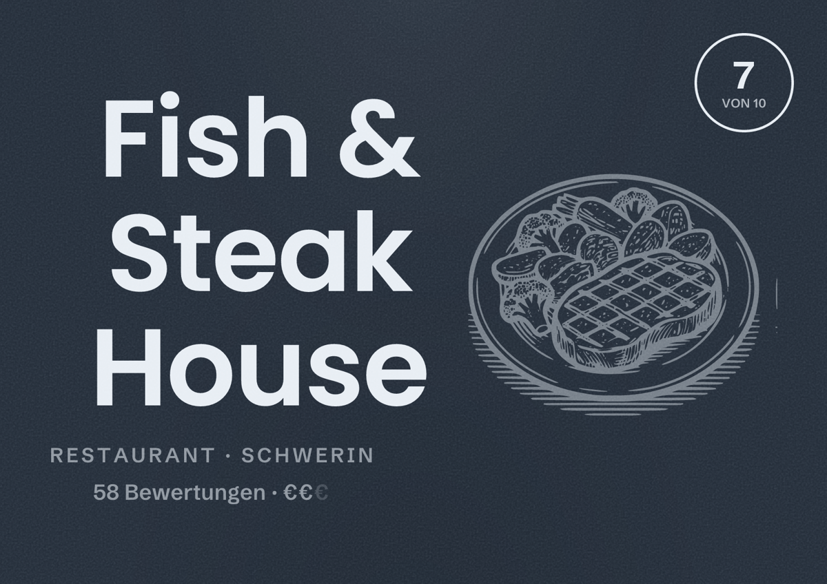 Illustriertes Poster von Fish & Steak House, Restaurant in Schwerin: Bewertung 7 von 10 aus 58 Bewertungen, Preisniveau €€