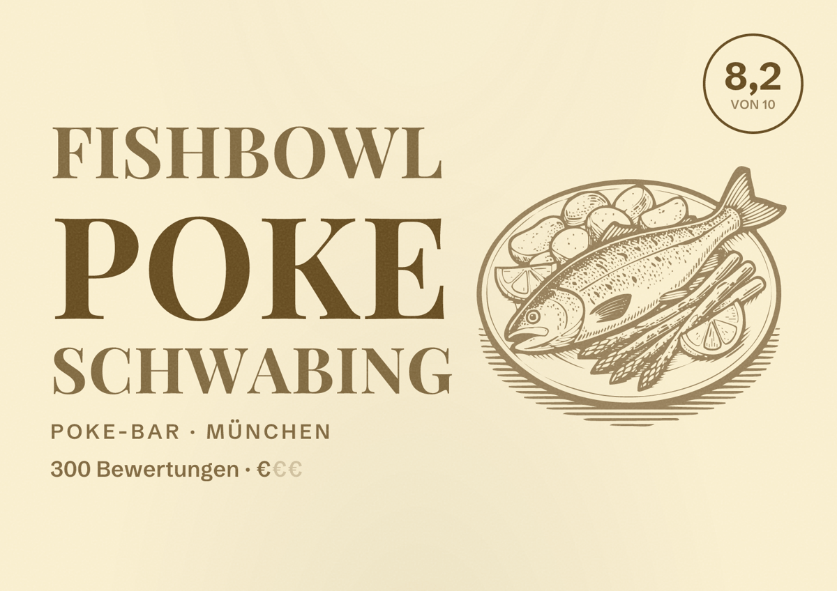 Illustriertes Poster von FISHBOWL Poke Schwabing, Poke-Bar in München: Bewertung 8,2 von 10 aus 300 Bewertungen, Preisniveau €