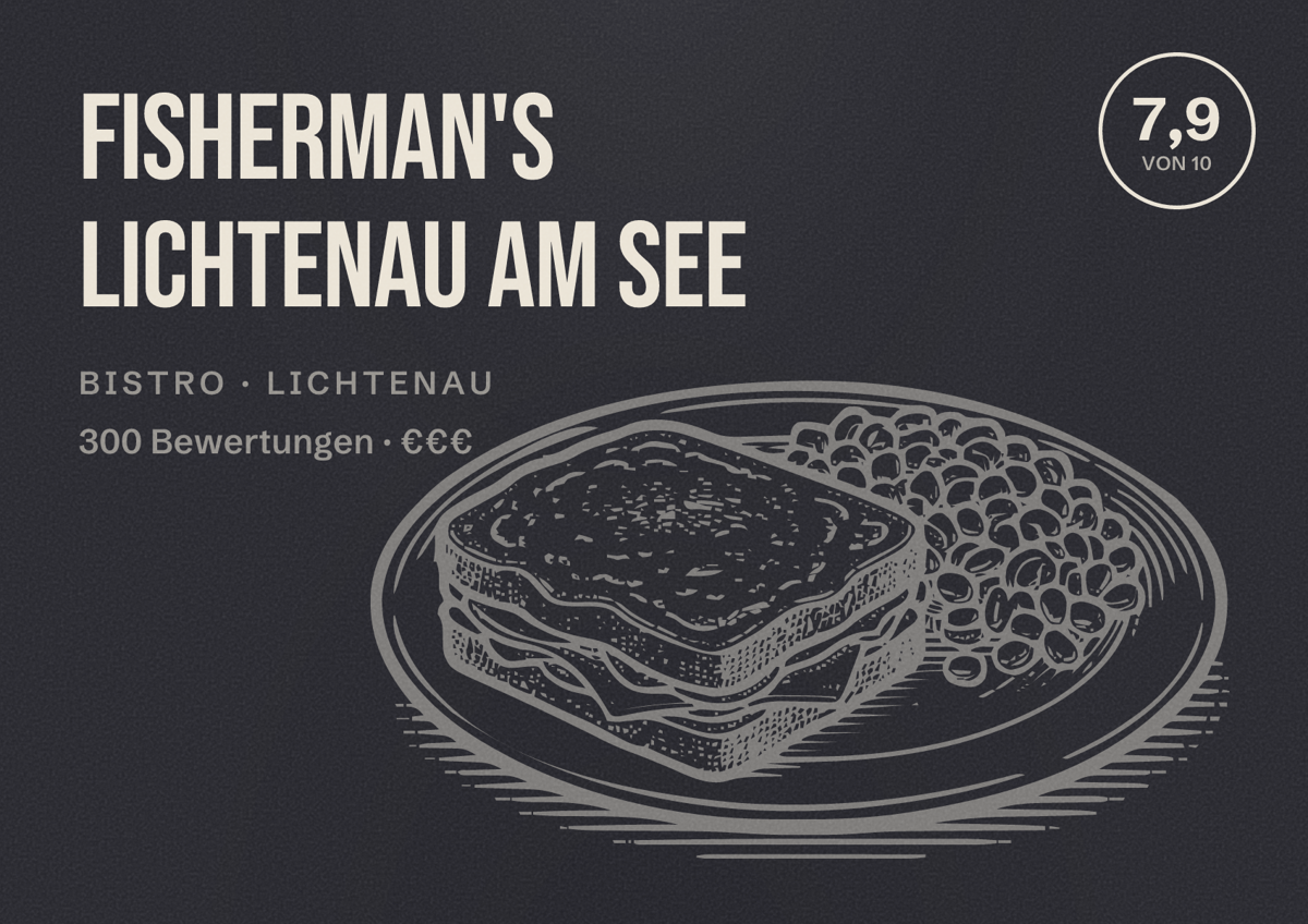 Illustriertes Poster von Fisherman's Lichtenau am See, Bistro in Lichtenau: Bewertung 7,9 von 10 aus 300 Bewertungen, Preisniveau €€€