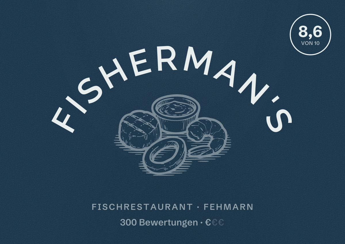 Illustriertes Poster von Fisherman's, Fischrestaurant in Fehmarn: Bewertung 8,6 von 10 aus 300 Bewertungen, Preisniveau €