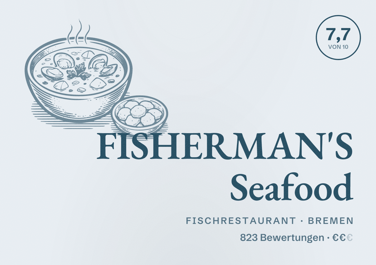 Illustriertes Poster von FISHERMAN'S Seafood, Fischrestaurant in Bremen: Bewertung 7,7 von 10 aus 823 Bewertungen, Preisniveau €€