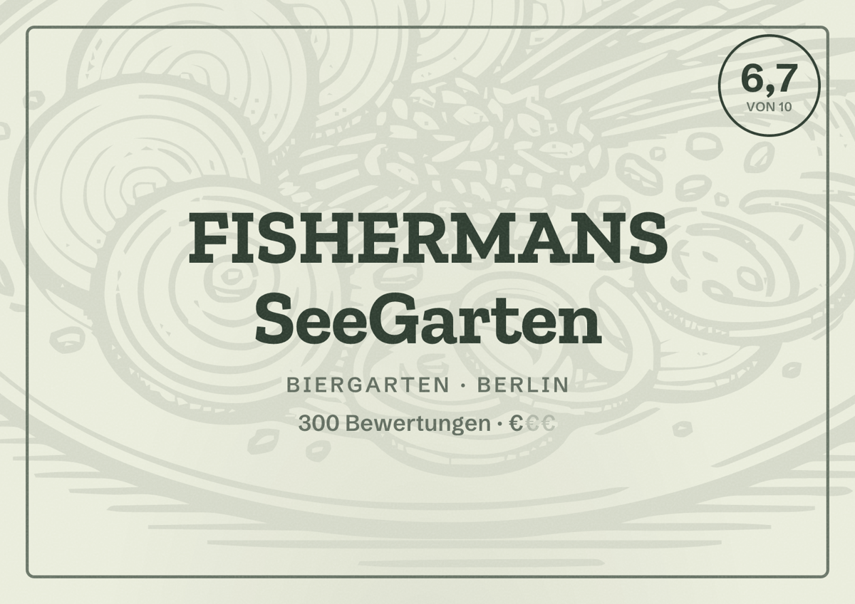 Illustriertes Poster von FISHERMANS SeeGarten, Biergarten in Berlin: Bewertung 6,7 von 10 aus 300 Bewertungen, Preisniveau €