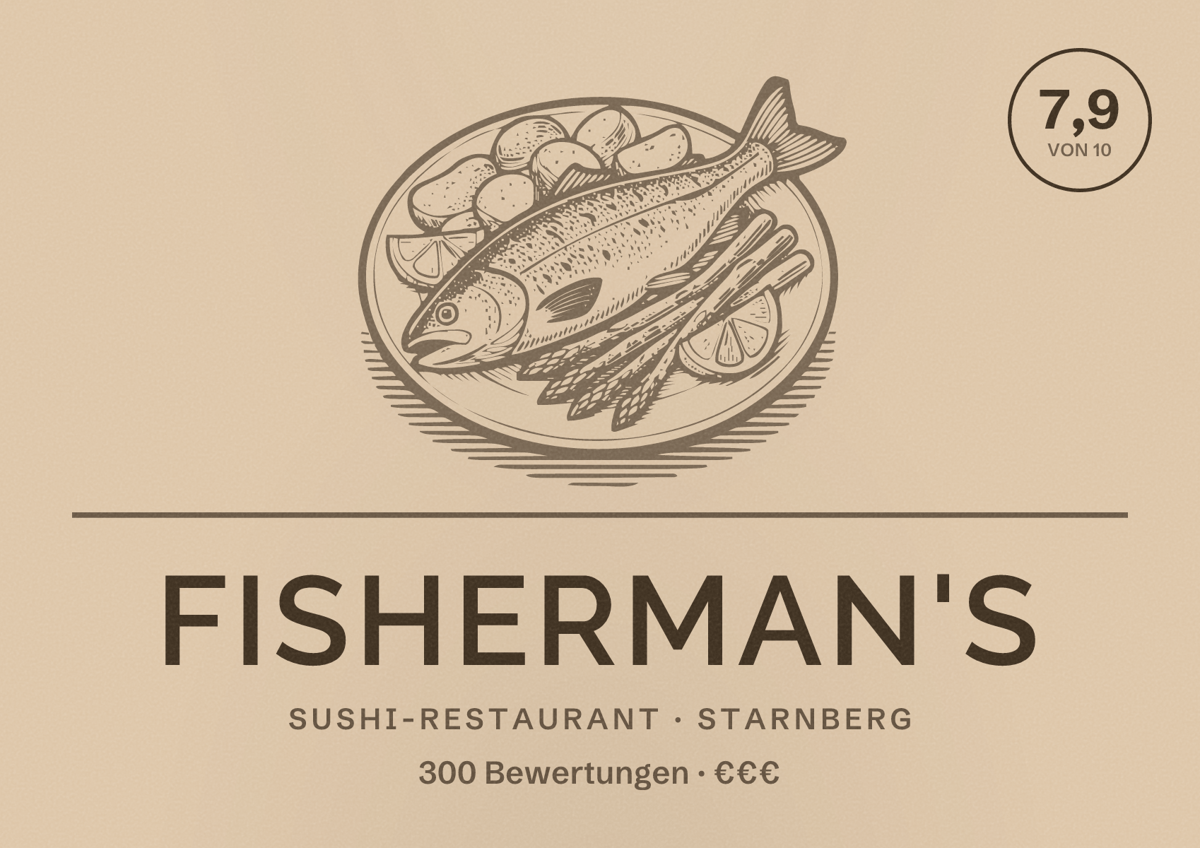 Illustriertes Poster von Fisherman's, Sushi-Restaurant in Starnberg: Bewertung 7,9 von 10 aus 300 Bewertungen, Preisniveau €€€