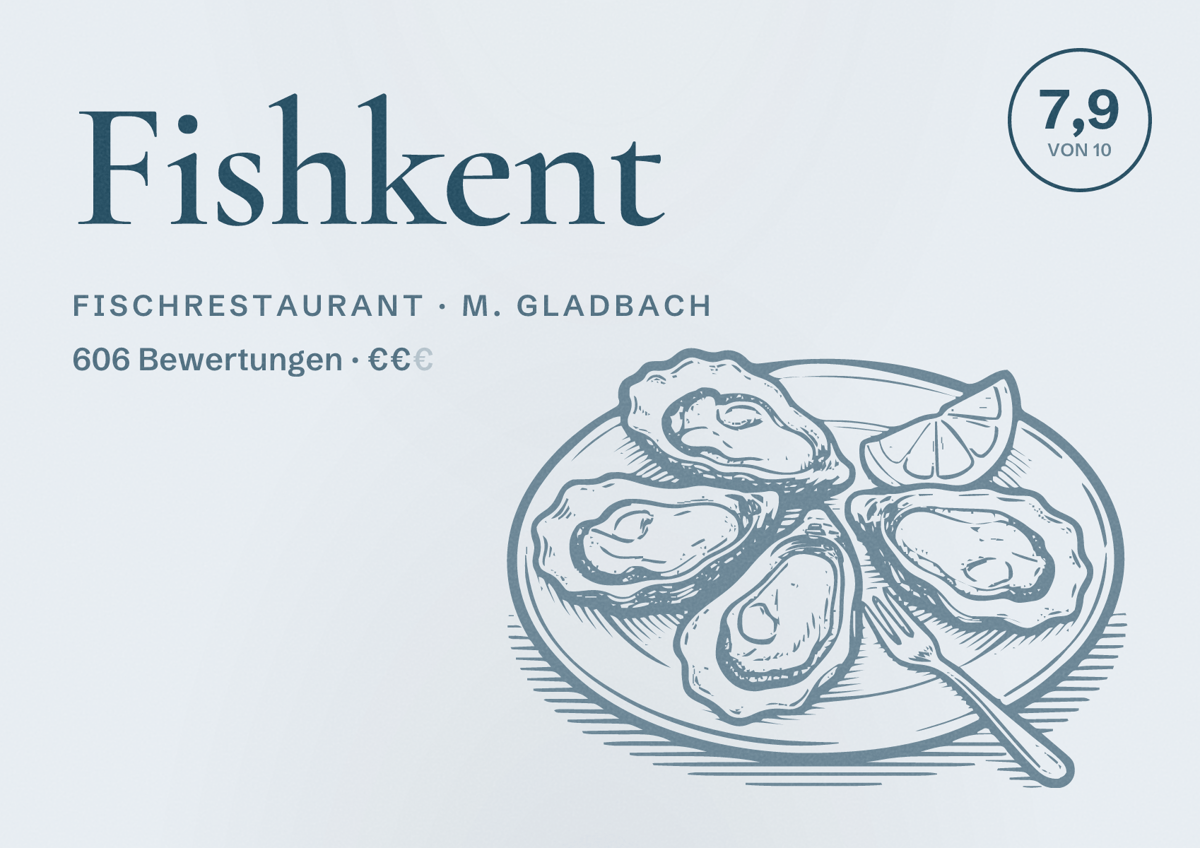 Illustriertes Poster von Fishkent, Fischrestaurant in M. Gladbach: Bewertung 7,9 von 10 aus 606 Bewertungen, Preisniveau €€