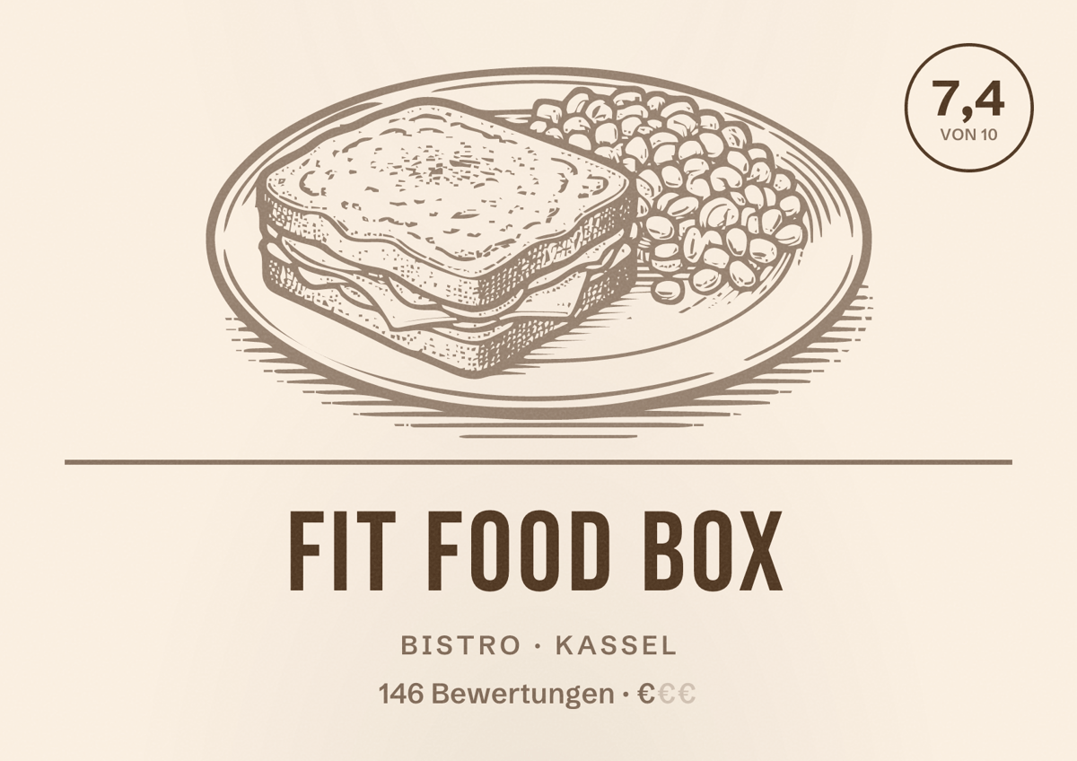 Illustriertes Poster von Fit Food Box, Bistro in Kassel: Bewertung 7,4 von 10 aus 146 Bewertungen, Preisniveau €