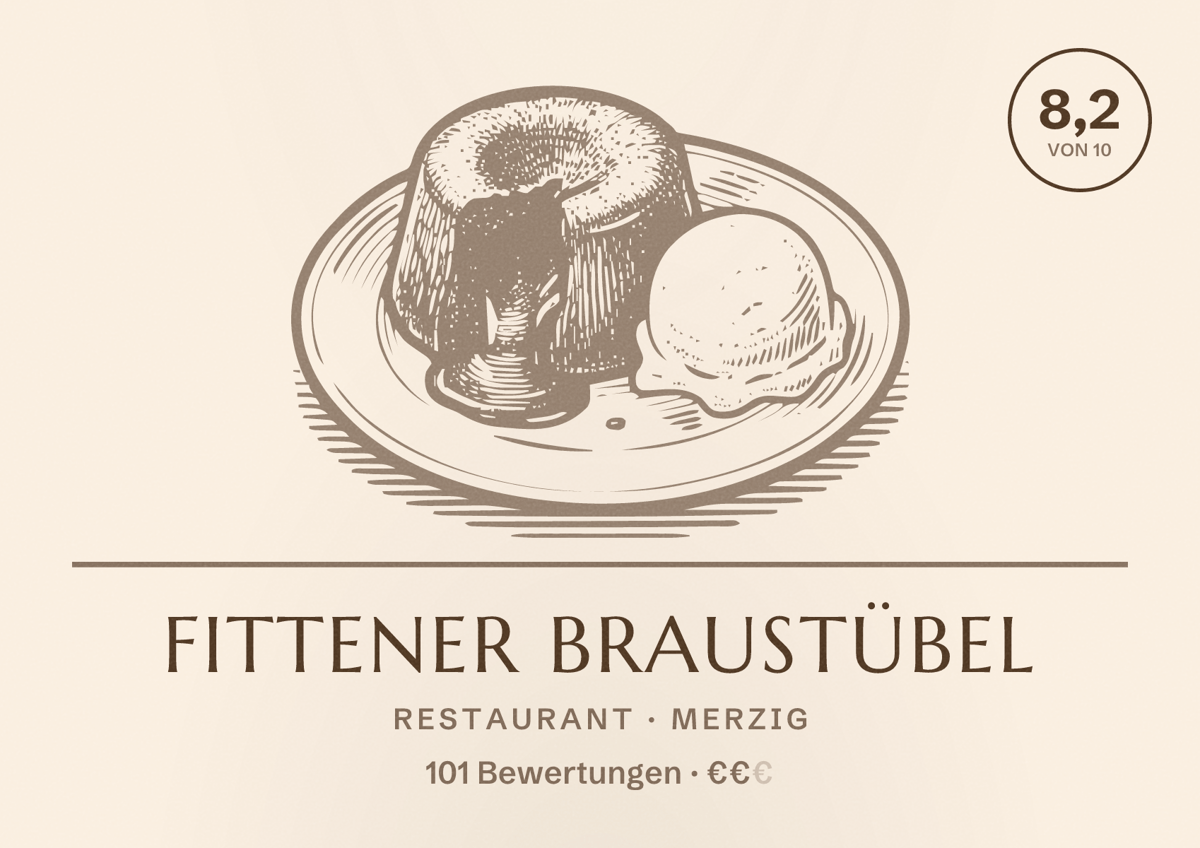 Illustriertes Poster von Fittener Braustübel, Restaurant in Merzig: Bewertung 8,2 von 10 aus 101 Bewertungen, Preisniveau €€