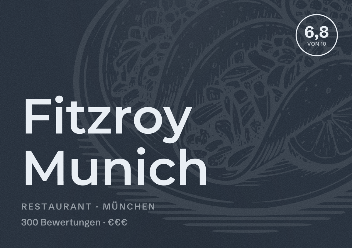 Illustriertes Poster von Fitzroy Munich, Restaurant in München: Bewertung 6,8 von 10 aus 300 Bewertungen, Preisniveau €€€