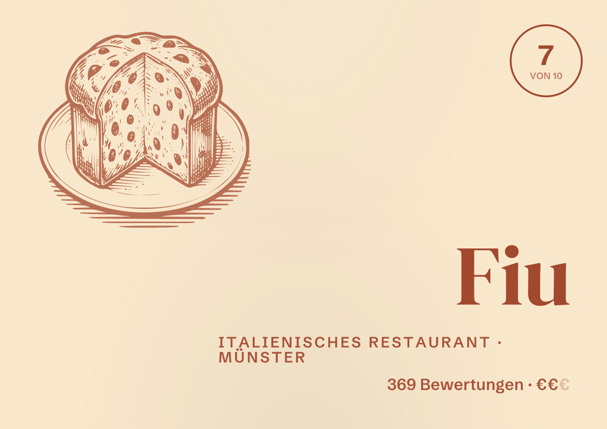 Illustriertes Poster von Fiu, Italienisches Restaurant in Münster: Bewertung 7 von 10 aus 369 Bewertungen, Preisniveau €€