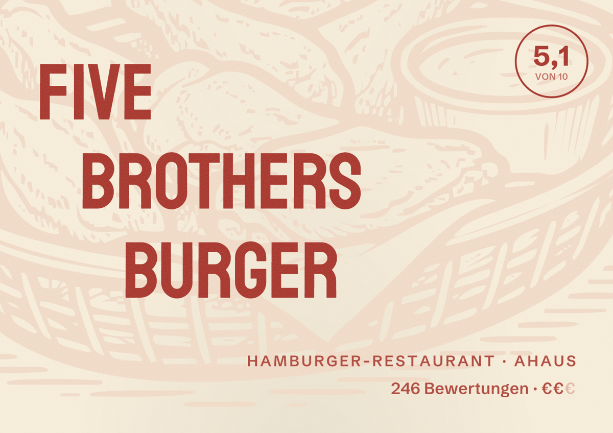 Illustriertes Poster von Five Brothers Burger, Hamburger-Restaurant in Ahaus: Bewertung 5,1 von 10 aus 246 Bewertungen, Preisniveau €€