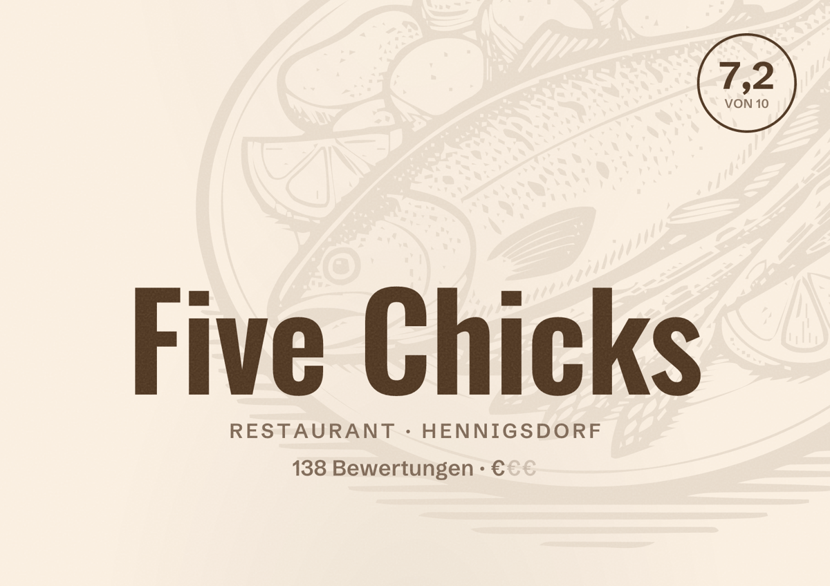 Illustriertes Poster von Five Chicks, Restaurant in Hennigsdorf: Bewertung 7,2 von 10 aus 138 Bewertungen, Preisniveau €