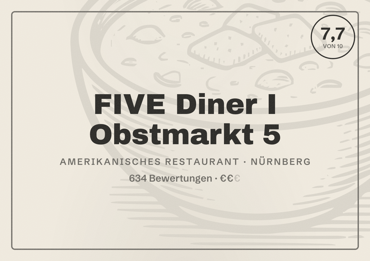 Illustriertes Poster von FIVE Diner I Obstmarkt 5, Amerikanisches Restaurant in Nürnberg: Bewertung 7,7 von 10 aus 634 Bewertungen, Preisniveau €€